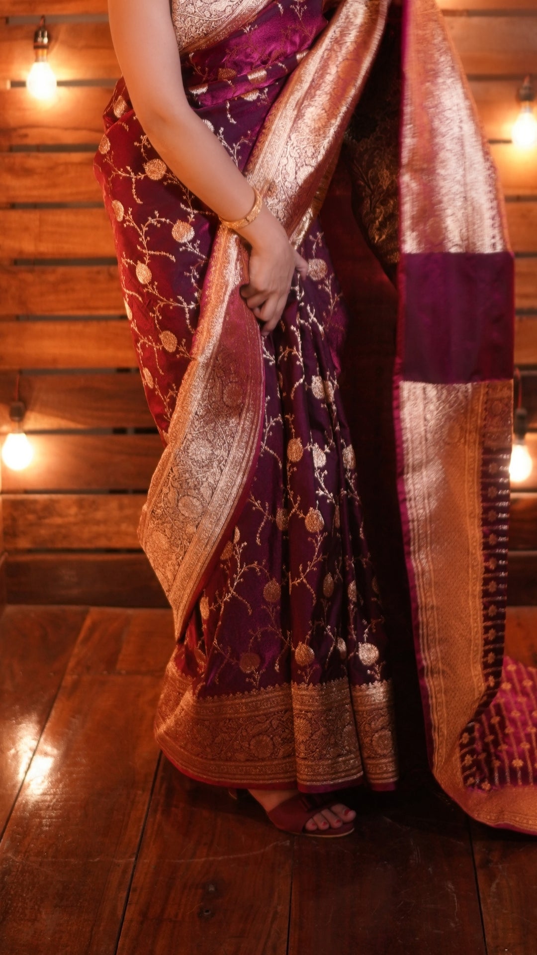 Violet with Silver-Gold Zari Pure Katan Silk Banarasi Saree