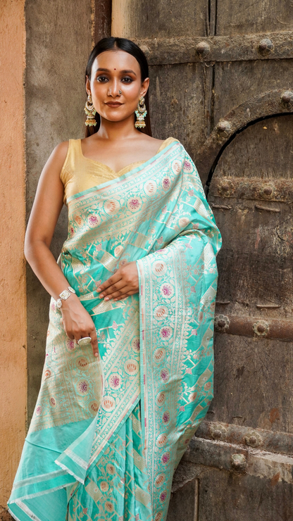 Meherbaan Mint Banarasi Silk Saree with Pastel Zari Lotus Weave