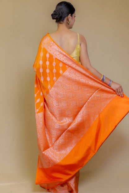 Dazzling Orange Classic Banarasi Kataan Wam Silk Saree