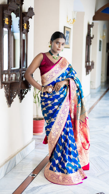 Royal Rhapsody Banarasi Silk Saree in Blue & Rani Pink with Golden Zari