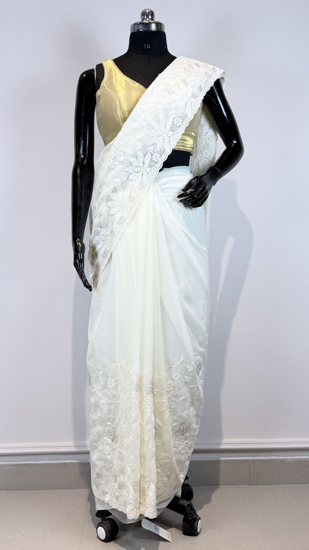 White Semi Chikankari Embroidered Saree with Floral Border Work