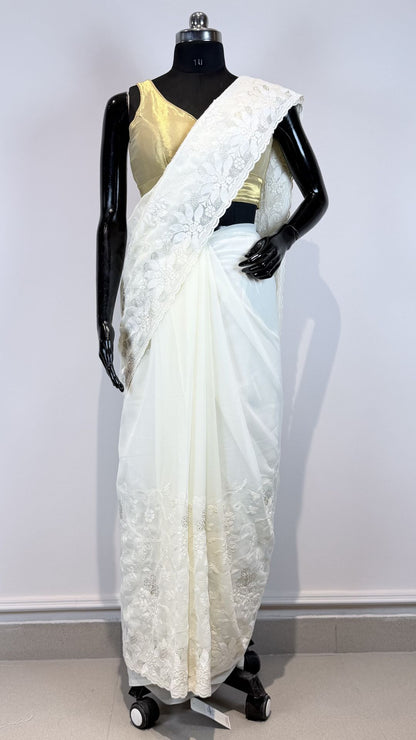 White Semi Chikankari Embroidered Saree with Floral Border Work