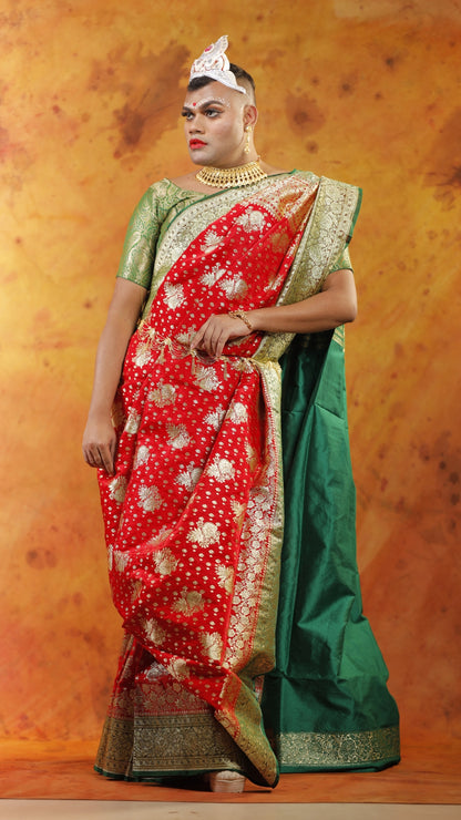 Red and Green all Jaal Zari Art Work Handloom Katan Pure Silk Saree