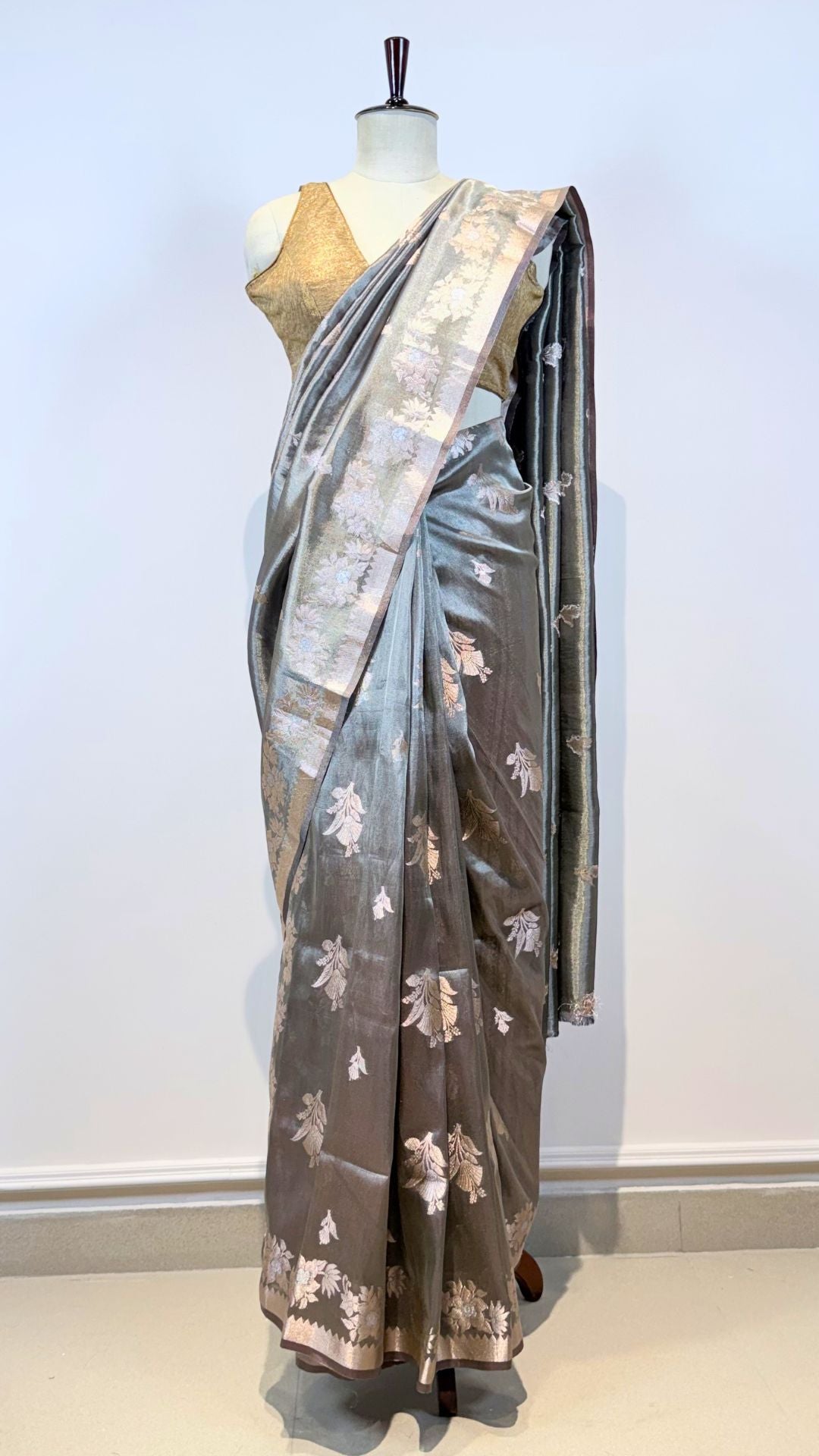 Grey Cotton Tissue Saree with Floral Zari Weaving Border