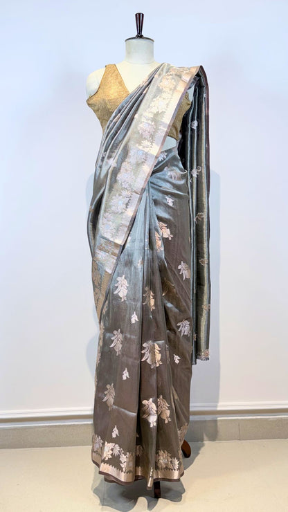 Grey Cotton Tissue Saree with Floral Zari Weaving Border