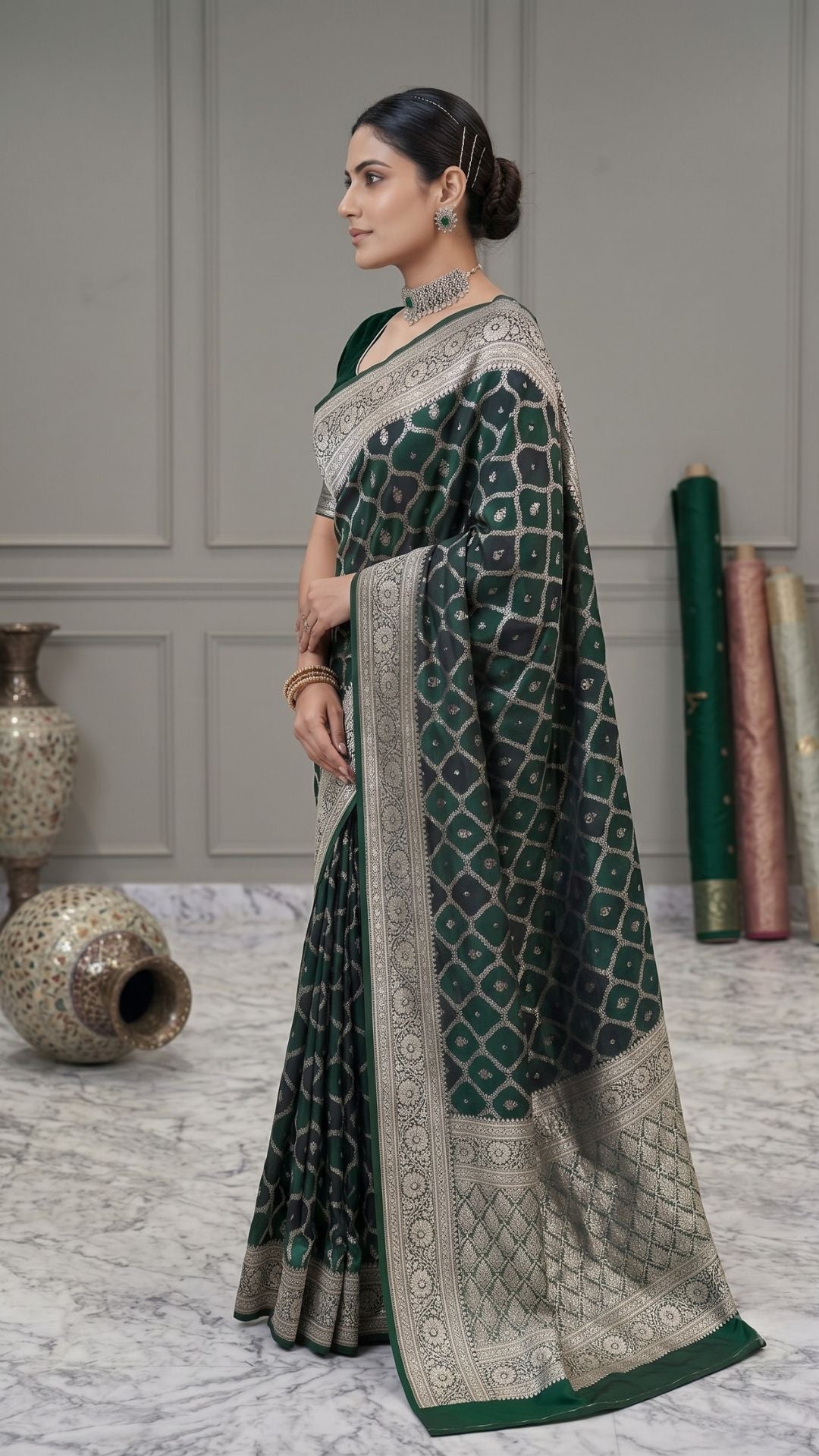 Banarashe Dark Green Mashru Silk Saree with Silver Zari Woven Geometric Motifs, Traditional Border & Designer Pallu