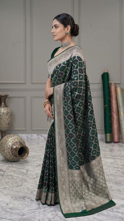 Banarashe Dark Green Mashru Silk Saree with Silver Zari Woven Geometric Motifs, Traditional Border & Designer Pallu