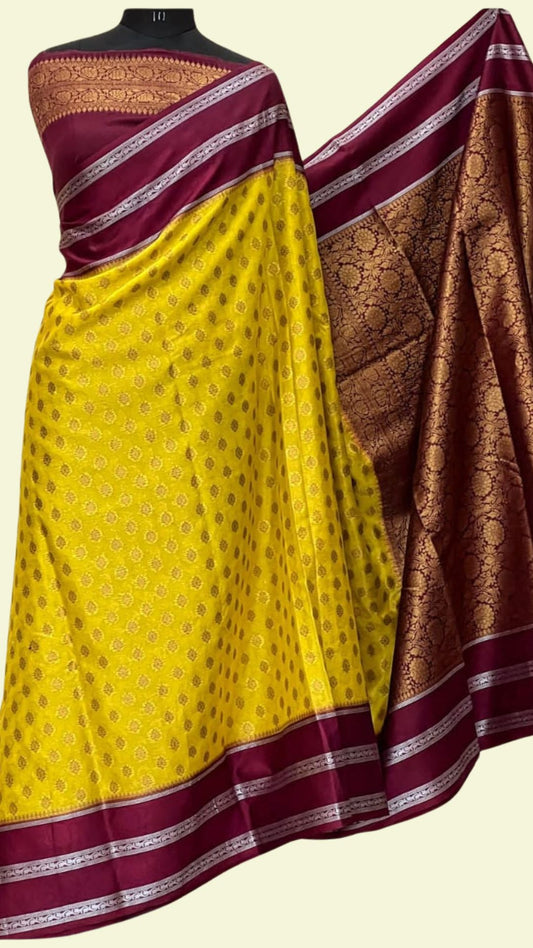 Yellow Raw Mango Silk Saree with Zari Booti Work & Maroon Designer Border