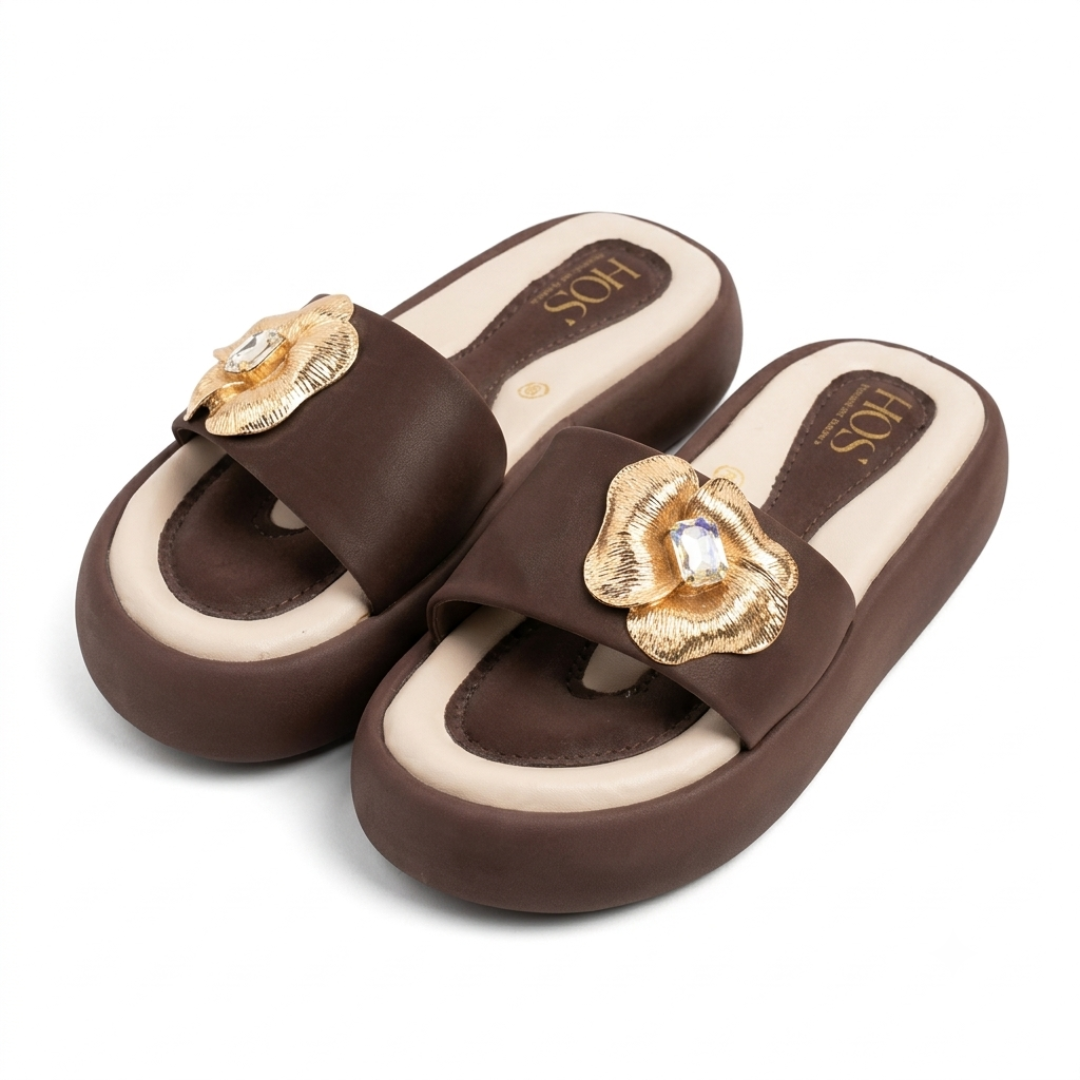 Women’s Brown Slip-On Slides with Gold Floral Accent