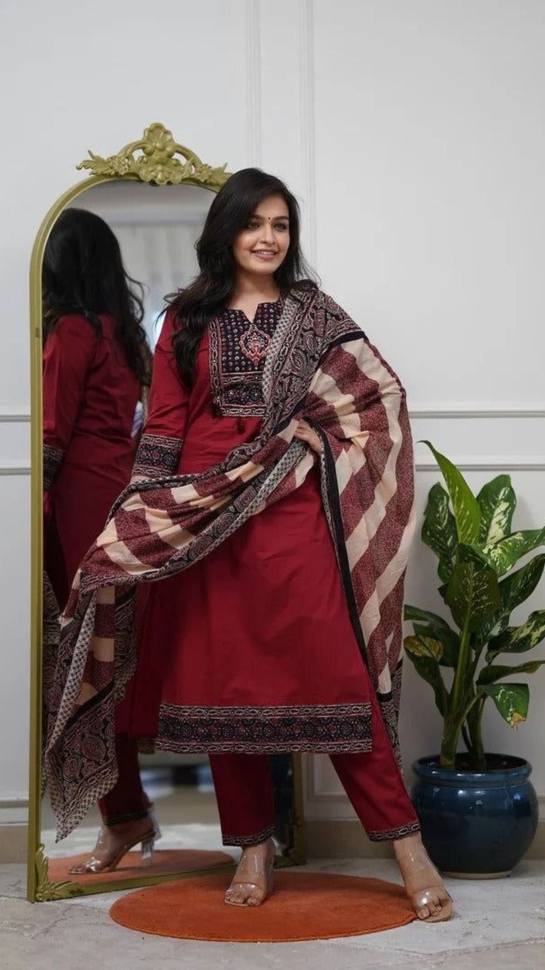 Jaipuri Kalamkari Print Cotton Kurta Pant Set with Dupatta for Women | Office Wear