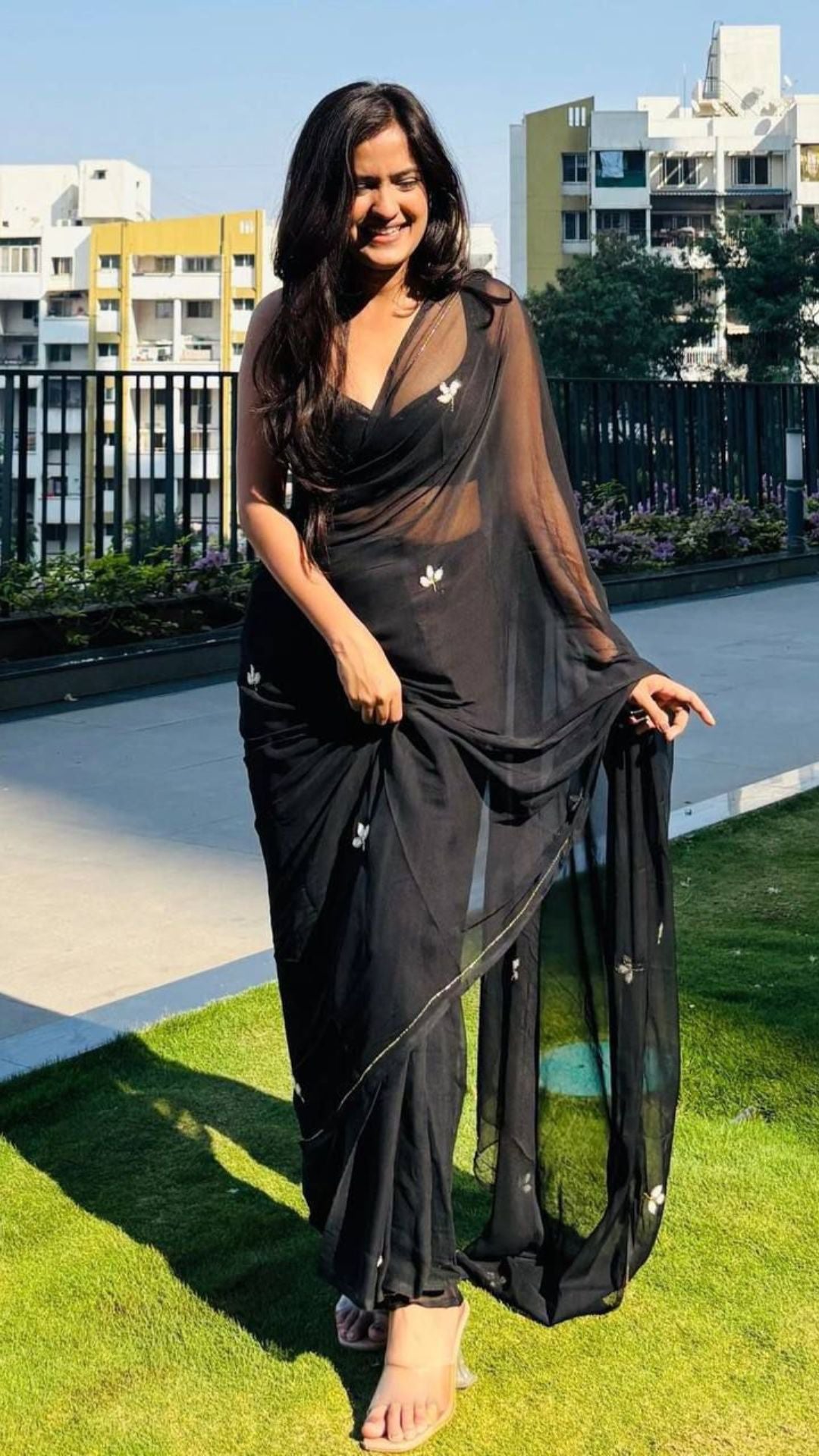 Midnight Black Hand-Embellished Georgette Saree