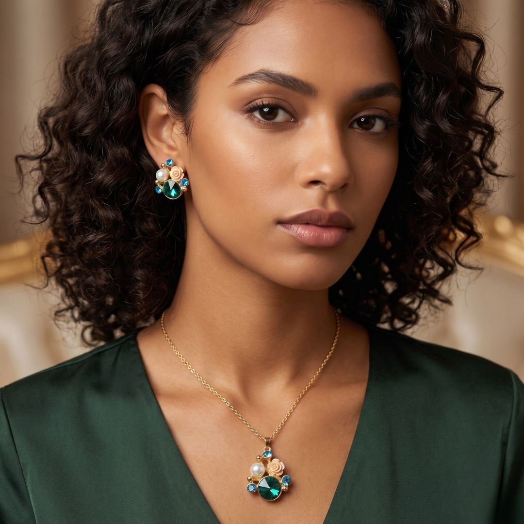 Green Stone Pendant & Earring Set for Women
