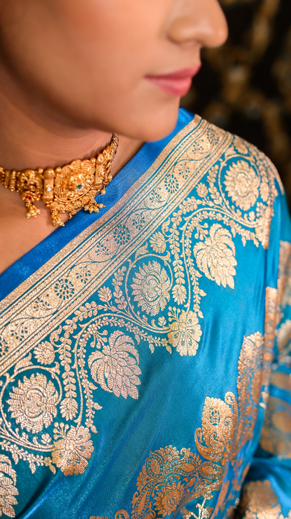 Azure Bloom Banarasi Silk Saree with Silver Zari Elegance