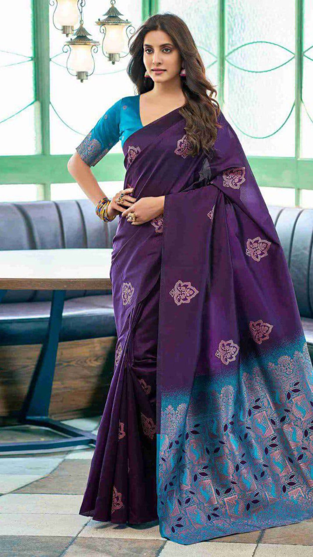 Purple Soft Lichi Silk Saree with Rich Teal Jacquard Pallu & Contrast Blouse