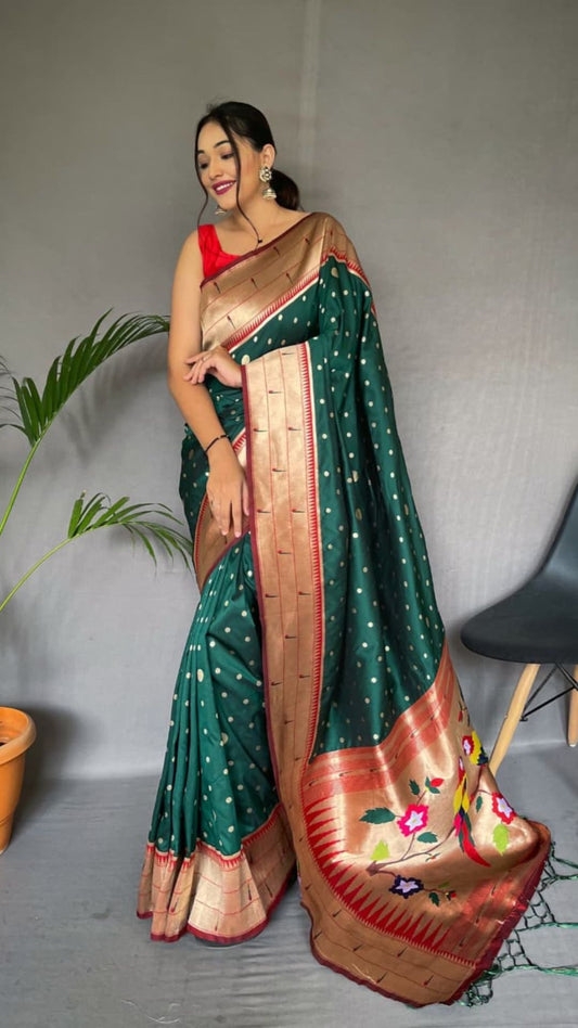 Bottle Green Paithani Soft Silk Saree with Rich Gold Zari Border & Woven Pallu