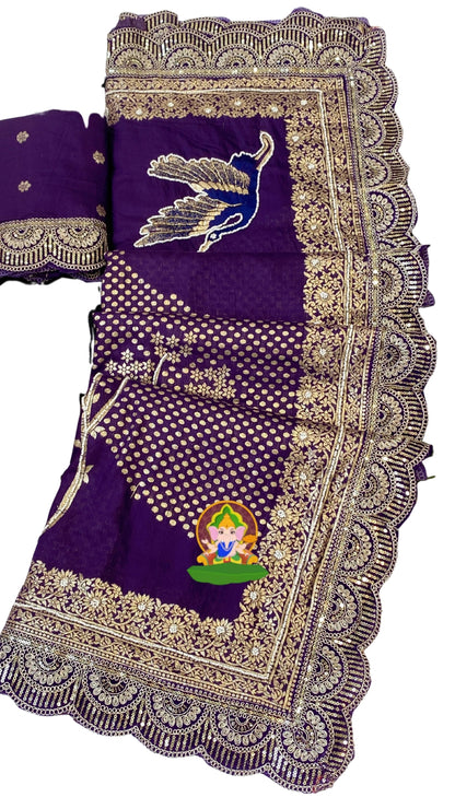 Deep Purple Dola Silk Saree with Handcrafted Crane Motif