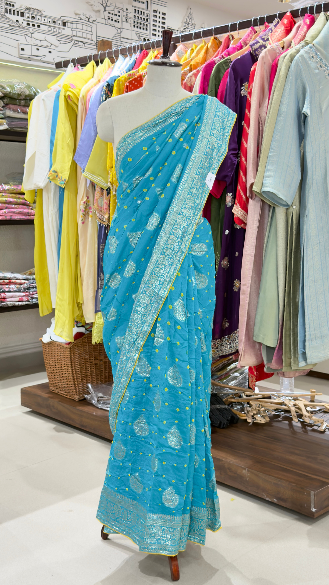 Banarashe Women’s Turquoise Blue Banarasi Saree with Golden Buti Motifs & Rich Woven Border