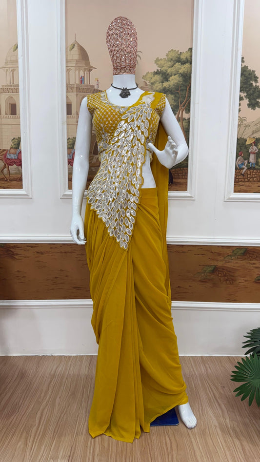 Mustard Yellow Designer Drape Saree
