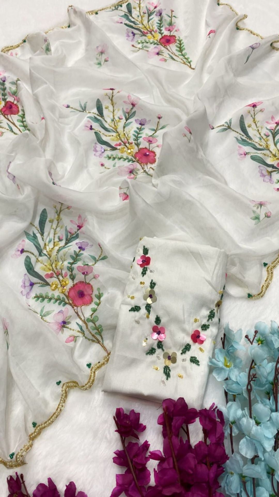 Ivory Floral Tabby Silk Saree with Sequins & Katdana Handwork