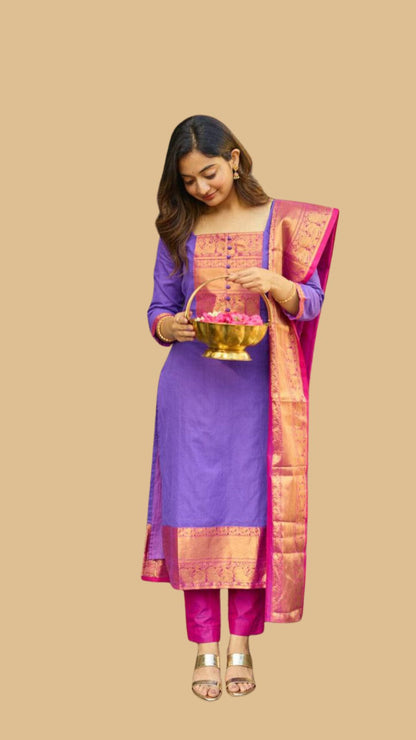 Purple Banarasi Kurta Pant Set with Banarasi Jacquard Dupatta for Women
