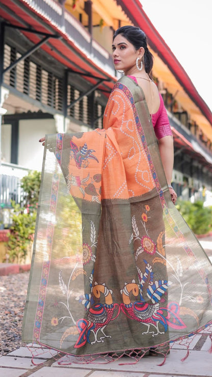Vibrant Orange Bandhani & Kalamkari Print Linen Cotton Saree