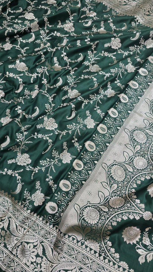 Green Banarasi Mashroo Katan Silk Saree with Allover Jaal Work & Rich Border
