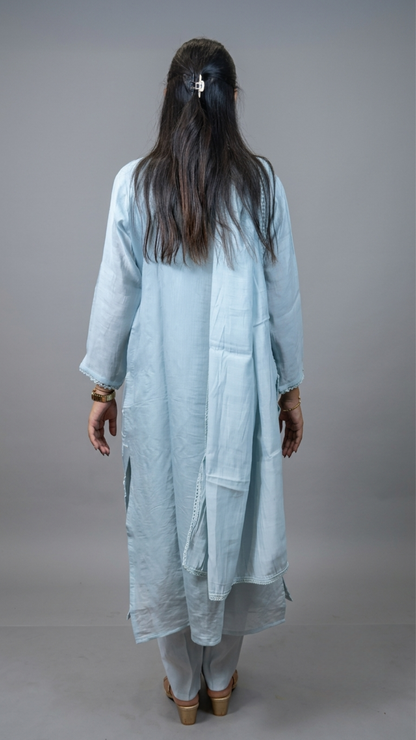 Royal Ice Blue Silk-Blend Suit with Mirror Work Neckline