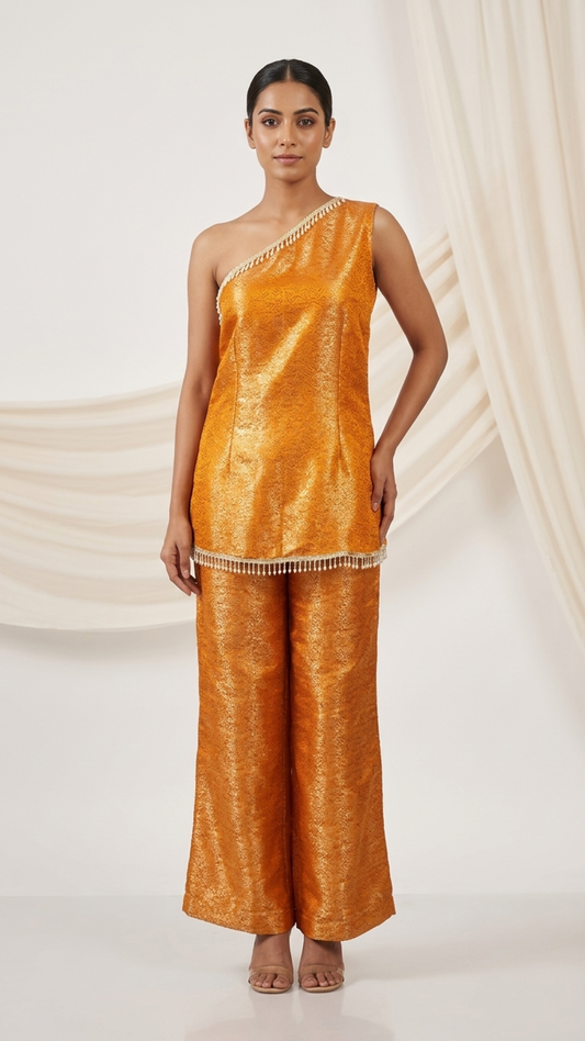 Banarashe Women’s Golden Orange One-Shoulder Kurta with Wide-Leg Pants Set
