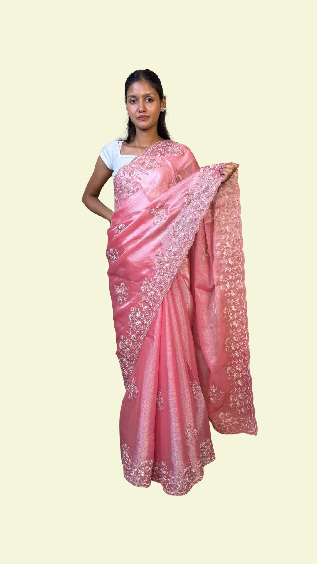 Rose Pink Floral Embroidered Crape Silk Saree