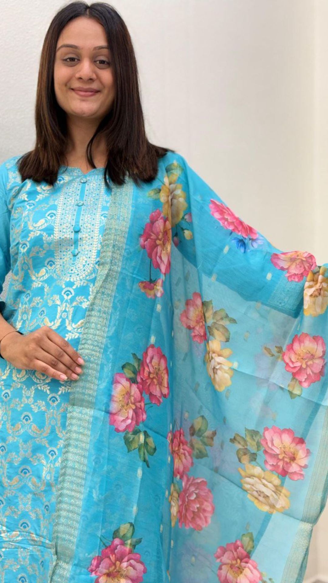 Premium Banarasi Kurti Set with Floral Dupatta