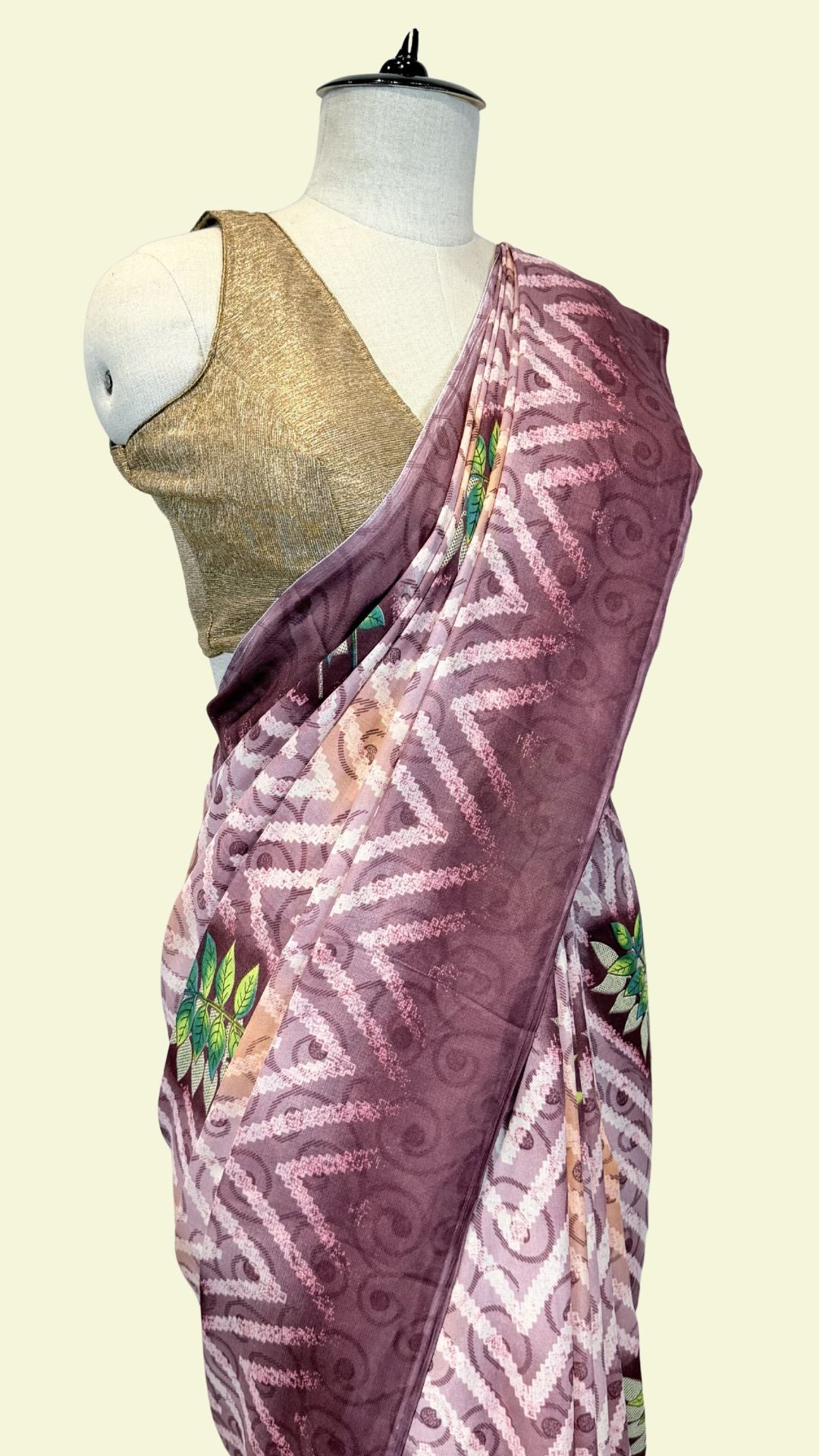 Dusty Pink Printed Synthetic Saree