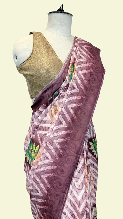 Dusty Pink Printed Synthetic Saree