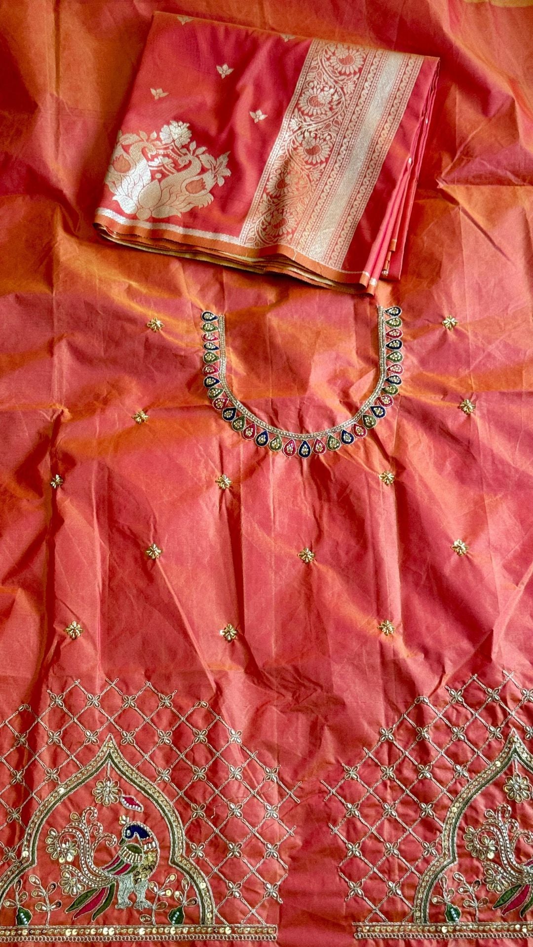 Dual Tone Coral Red Paithani Saree with Rich Zari & Designer Aari Blouse
