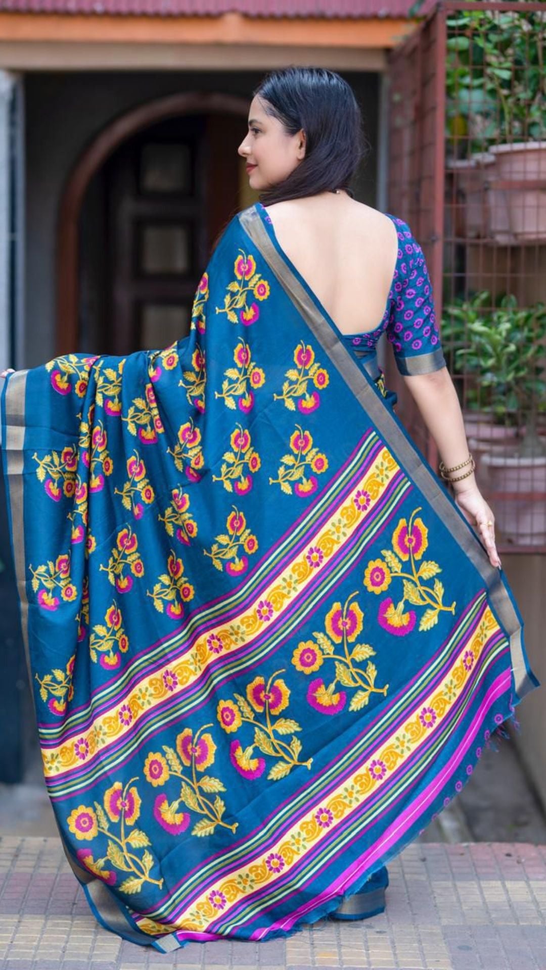 Blue Soft Cotton Crape Saree with Zari Pattu Border