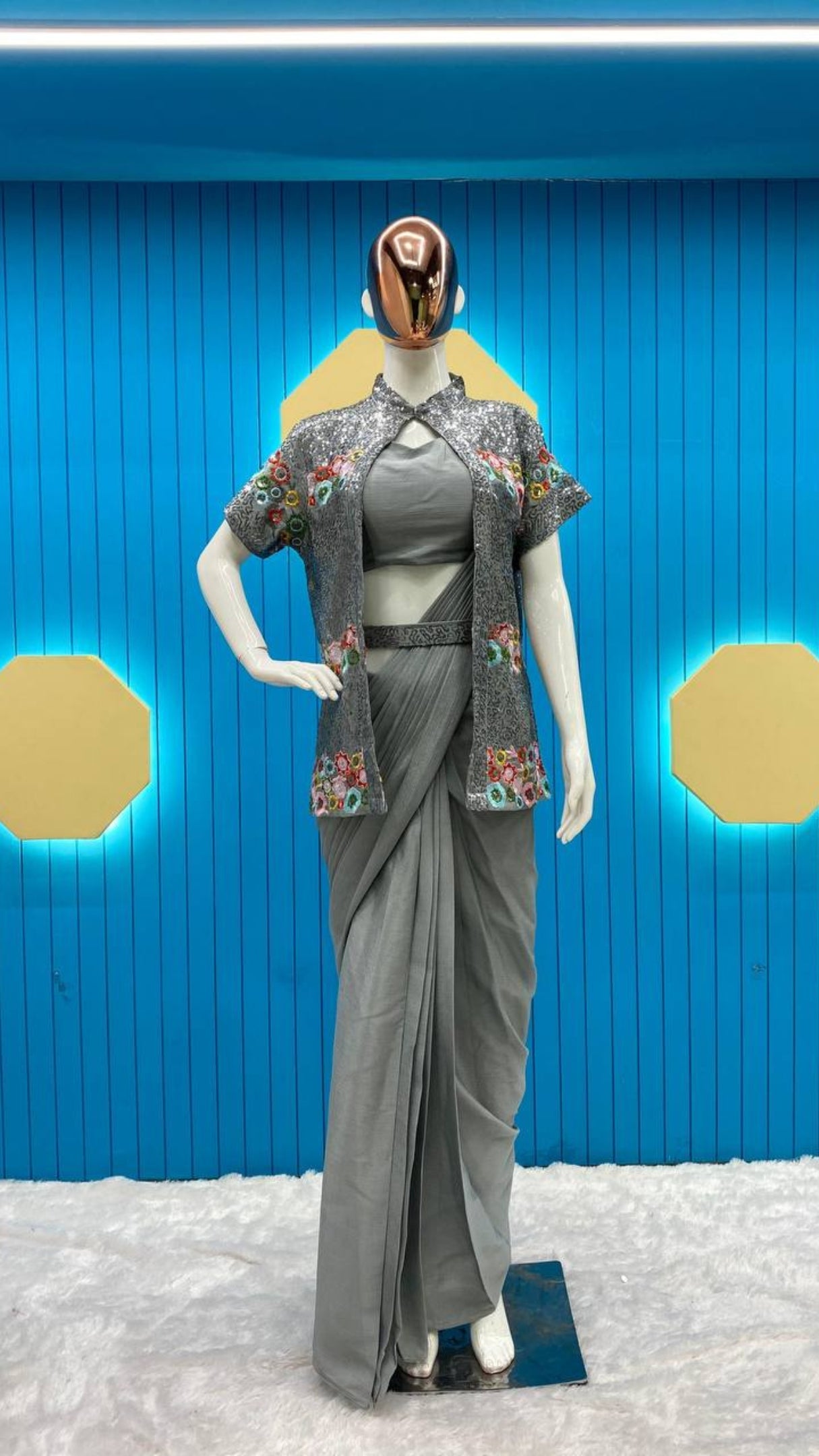 Grey Chinon Ready-to-Wear Saree with Sequin Embroidered Half Sleeve Koti & Belt