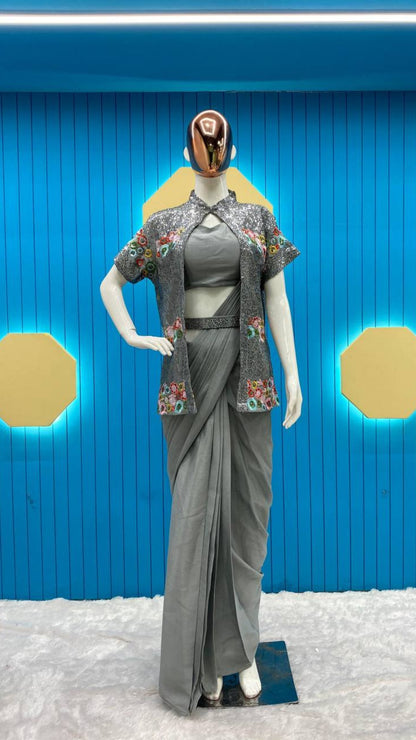 Grey Chinon Ready-to-Wear Saree with Sequin Embroidered Half Sleeve Koti & Belt