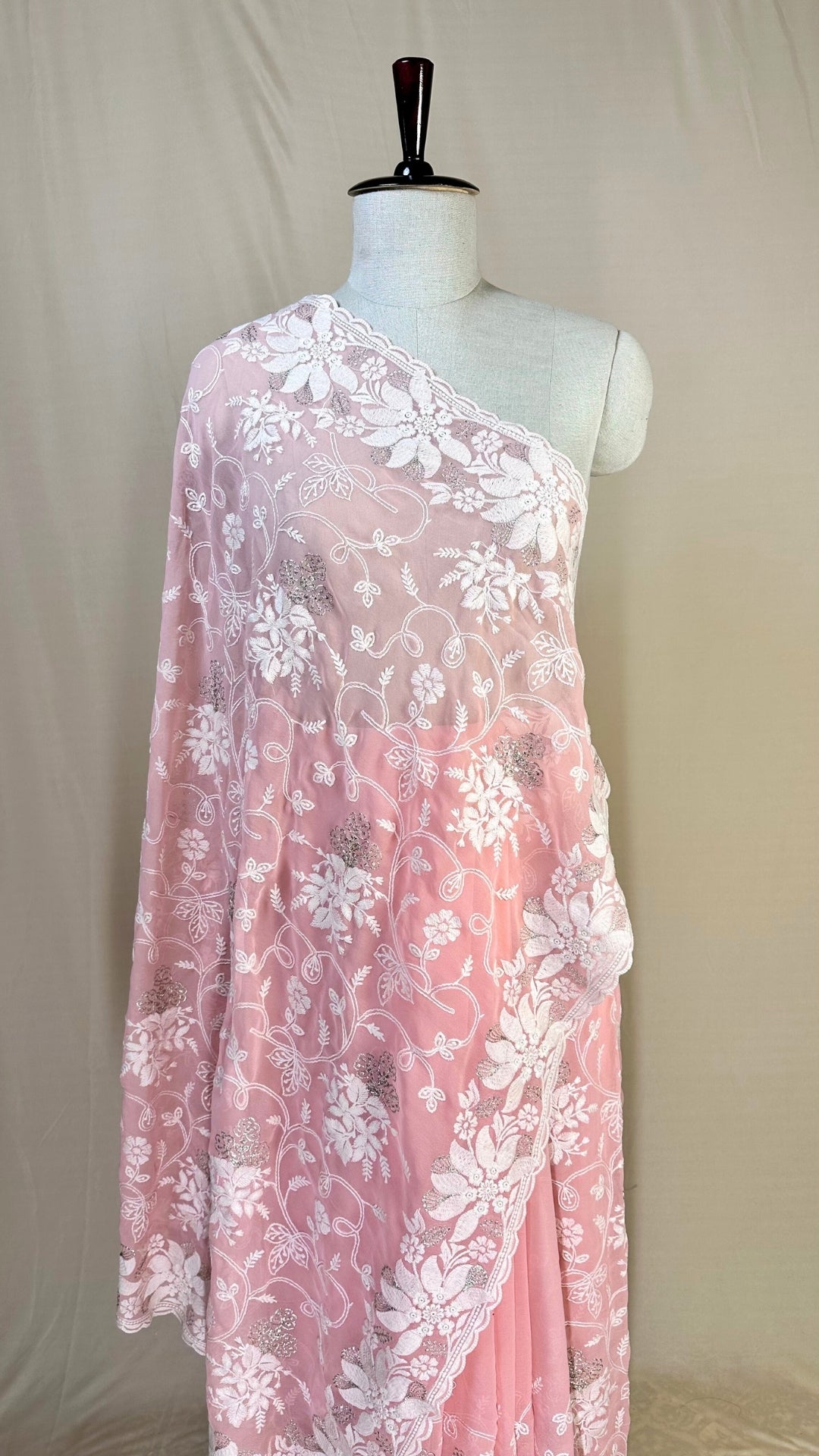 Elegant pink chikankari Saree with White Floral Embroidery