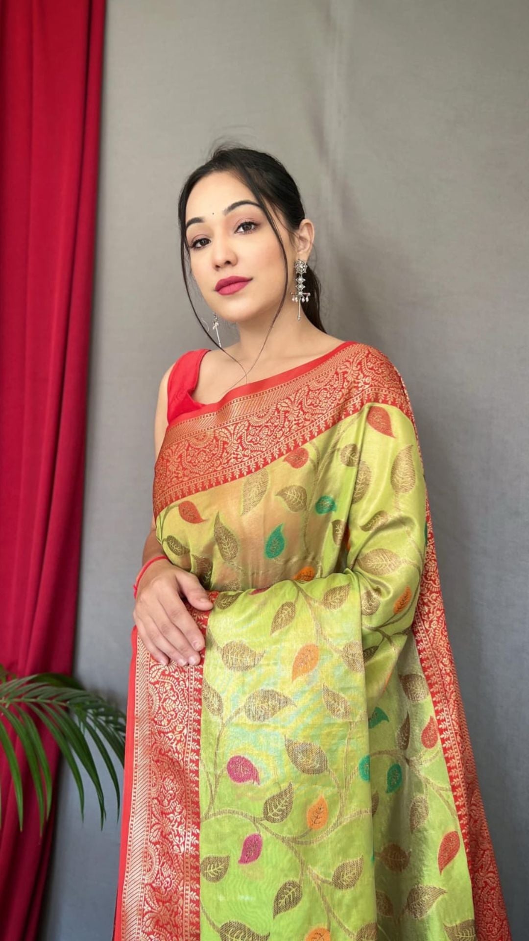 Green Organza Tissue Silk Saree with Contrast Red Zari Border & Rich Weaving Pallu