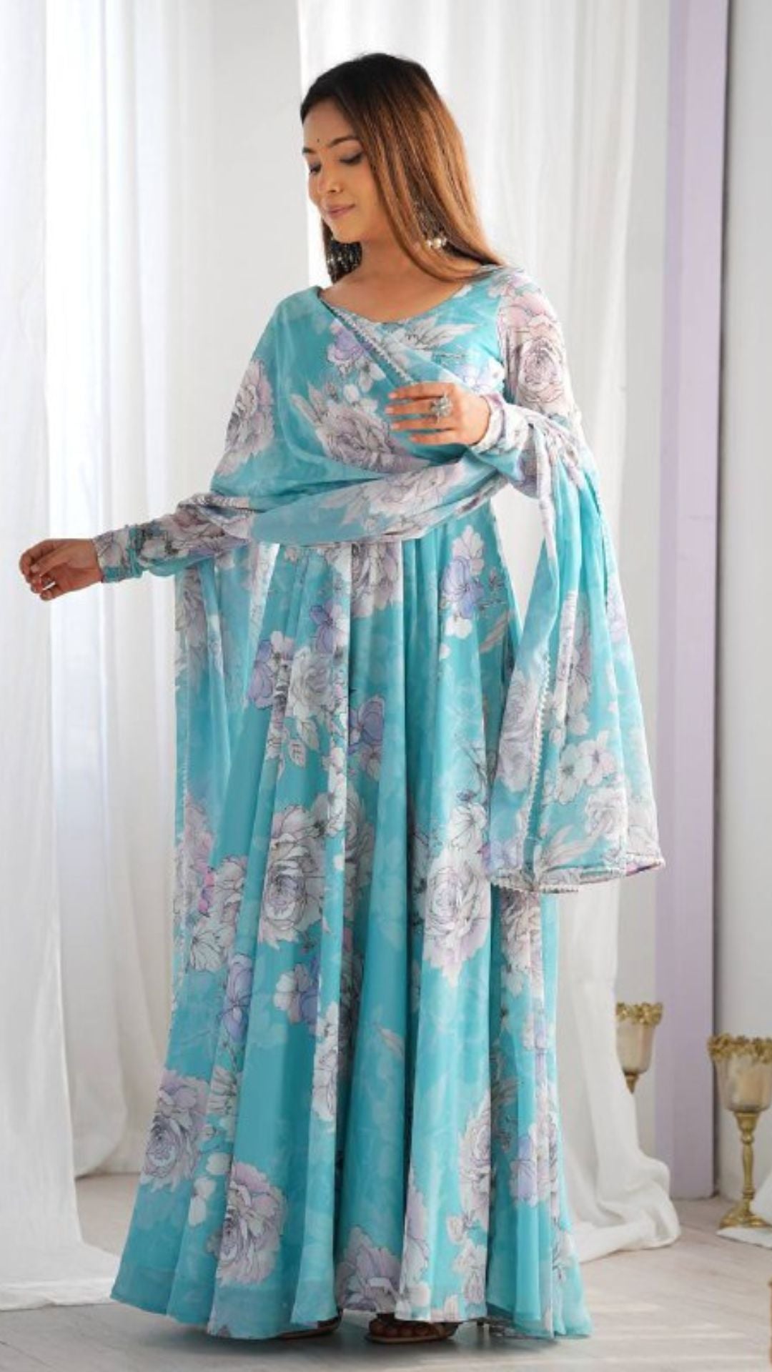 Sky Blue Floral Print Anarkali Suit with Dupatta for Women