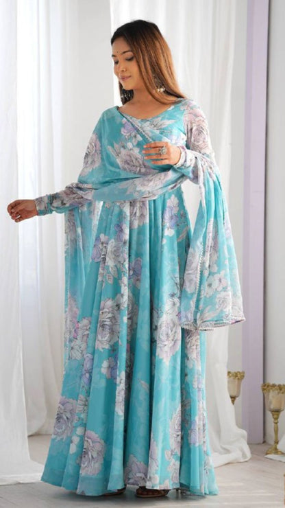 Sky Blue Floral Print Anarkali Suit with Dupatta for Women