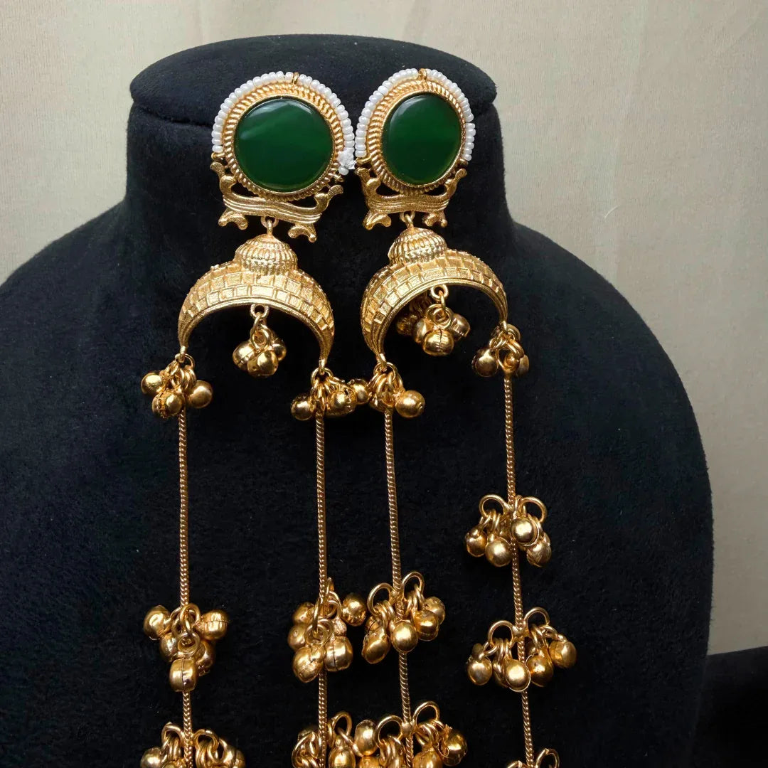 Banarashe Crescent Chain Earrings Green Gemstone Brass Danglers - Baranashe - Banarashe Crescent Chain Earrings Green Gemstone Brass Danglers