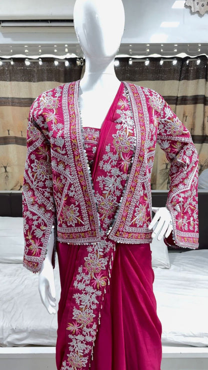 Royal Rani Pink Embroidery Cording Ready-to-Wear Saree with Full Koti
