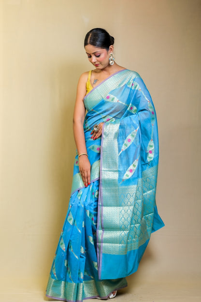 Majestic Aqua Blue Banarashe Pure Mercerised Cotton Silk Saree with Zari Motifs