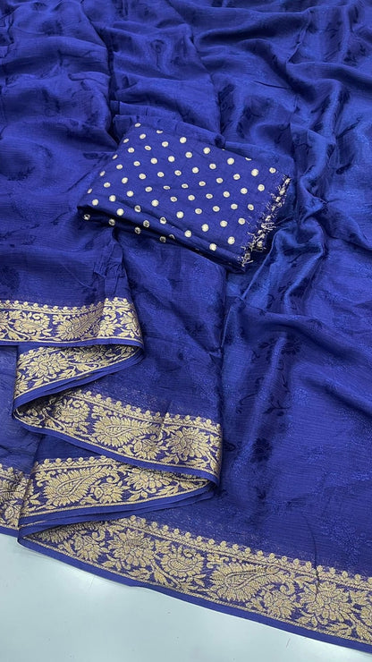 Royal Blue Pure Chinon Chiffon Saree with Antique Gold Zari Border