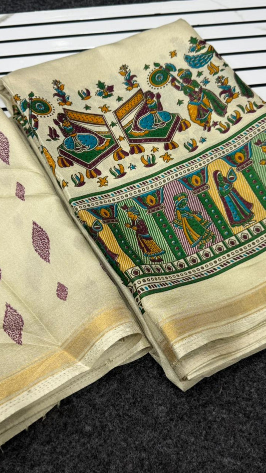 White Russian Dola Silk Saree with Manual Pashmina Hand Block Print