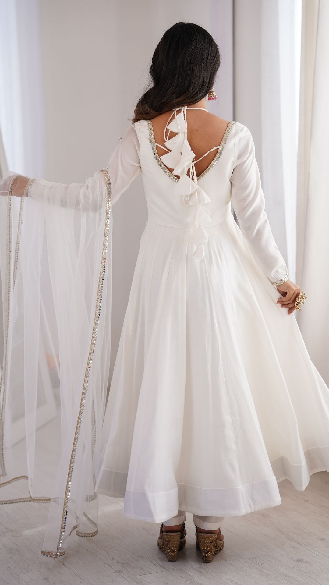 Off White Roman Silk Chanderi Anarkali Suit Set for Women