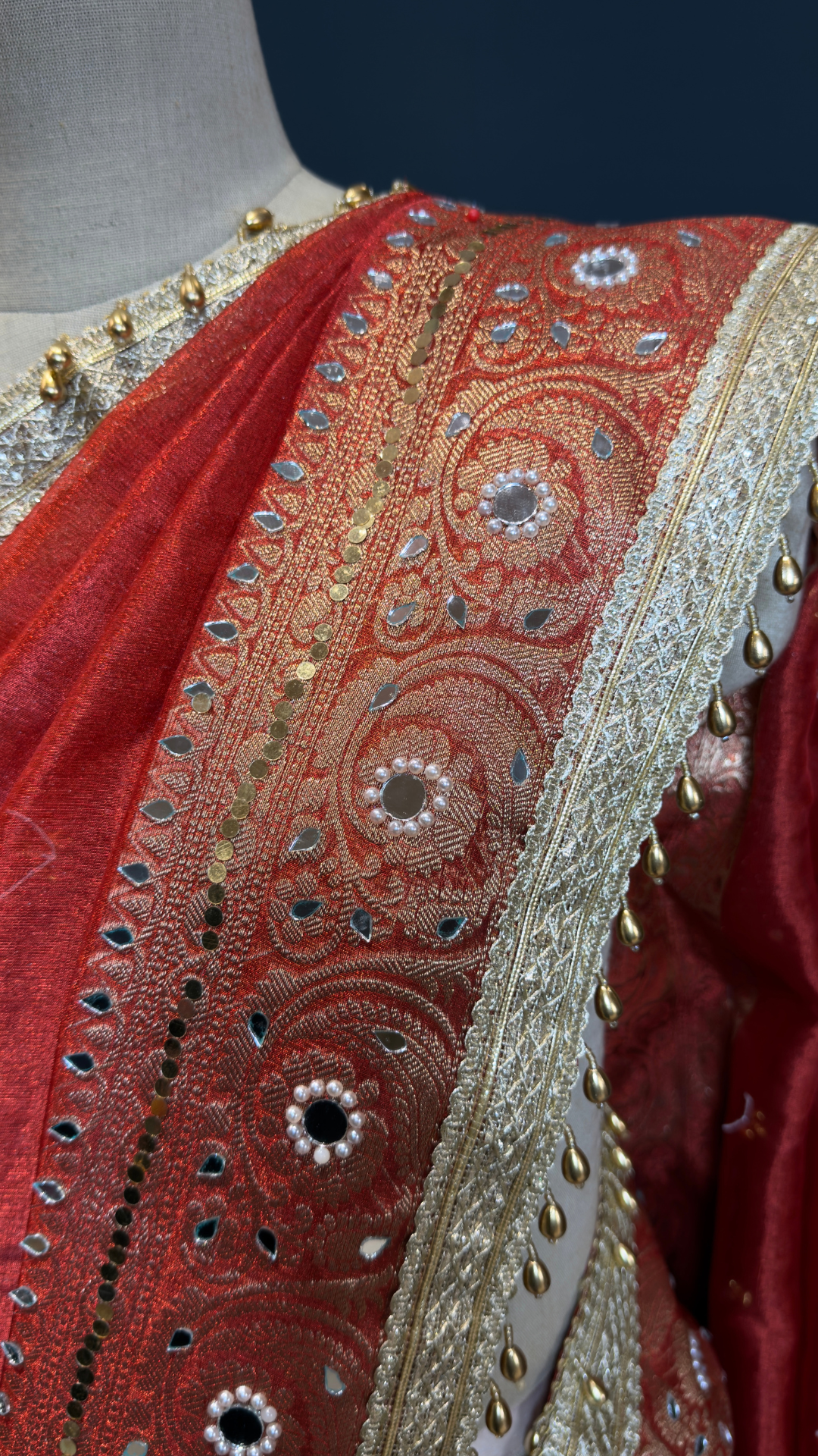 Red Tissue Ghungroo & Mirror Work Saree with Designer Border