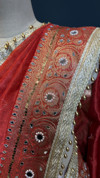 Red Tissue Ghungroo & Mirror Work Saree with Designer Border