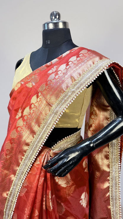 Orange Tissue Saree with Moti Lace Border