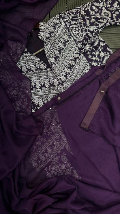 Royal Purple Ready To Wear Saree with Heavy Embroidered Koti Blouse & Fancy Belt
